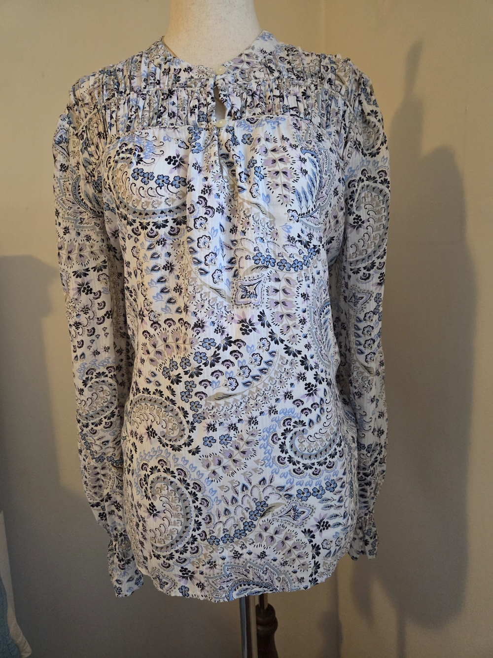 LOFT Cream and Blue Paisley Tie-Neck Long Sleeve Blouse